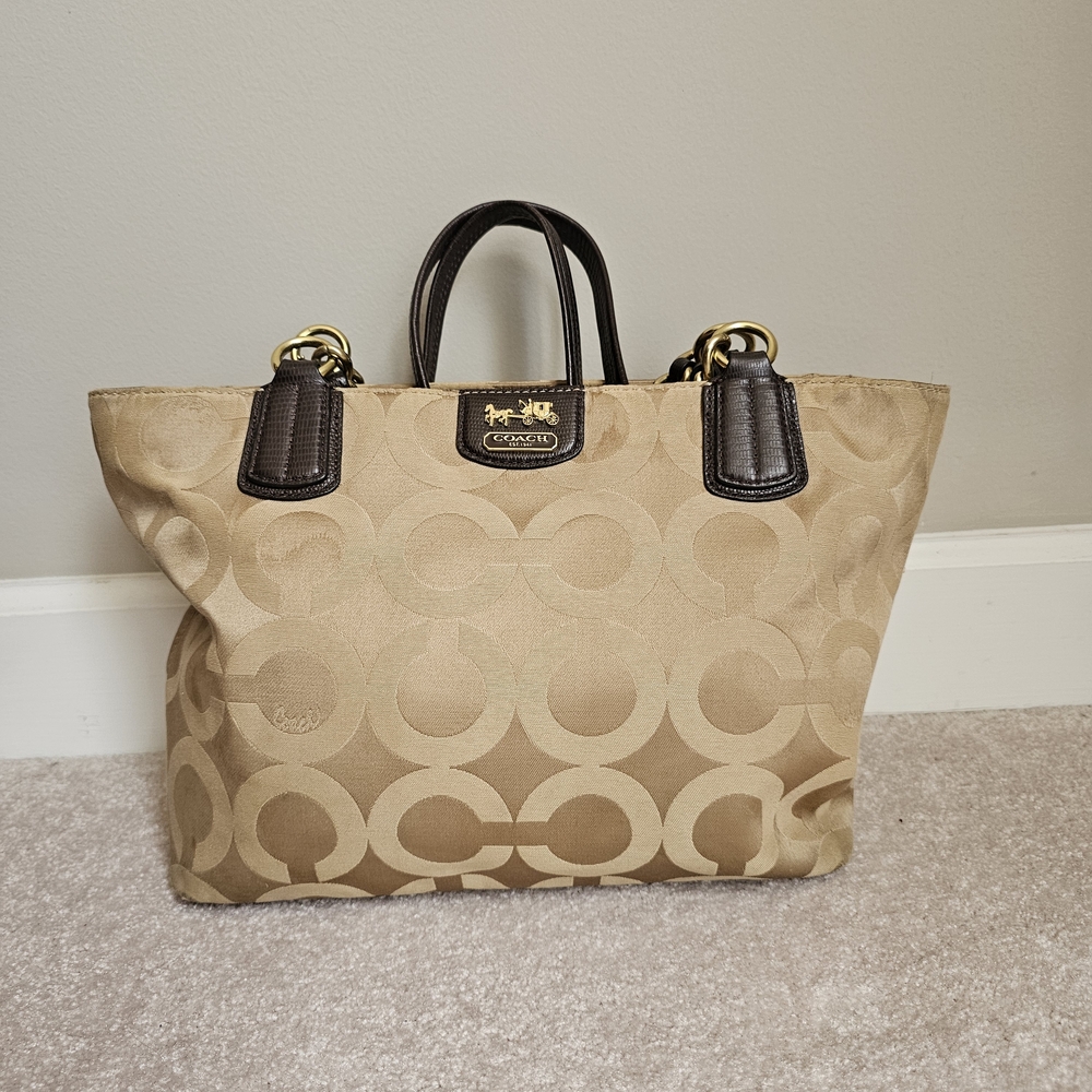 Coach Signature Tote Khaki Brown Leather Trim Chain Straps - Picture 9 of 10